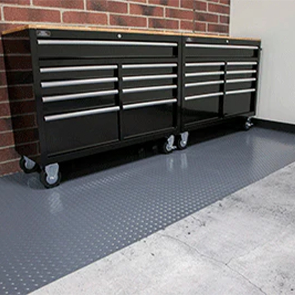 G-Floor Coin Tread Garage Floor Roll 75 Mil x 8.6x24 Ft. in slate gray with work bench tool box