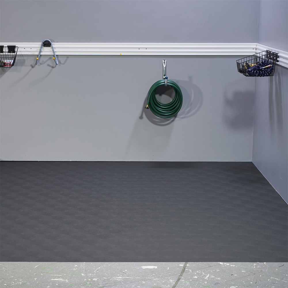G-Floor Protective Floor Mat Levant Texture 1.4 mm x 5x10 Ft slate gray in garage corner