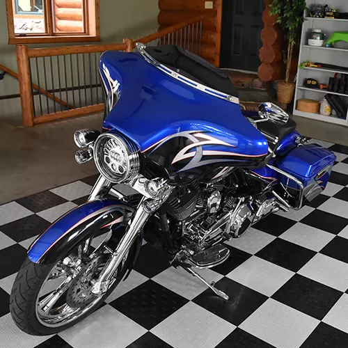 Snap Together Diamond Plate Garage Floor Tiles with Blue Motorcycle