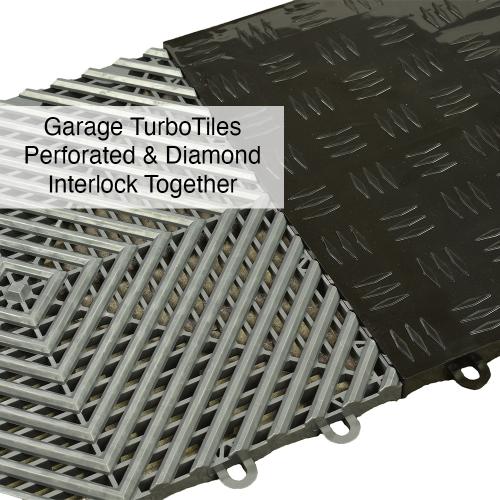 garage flooring tiles diamond in black and perforated in gray interlocked together 