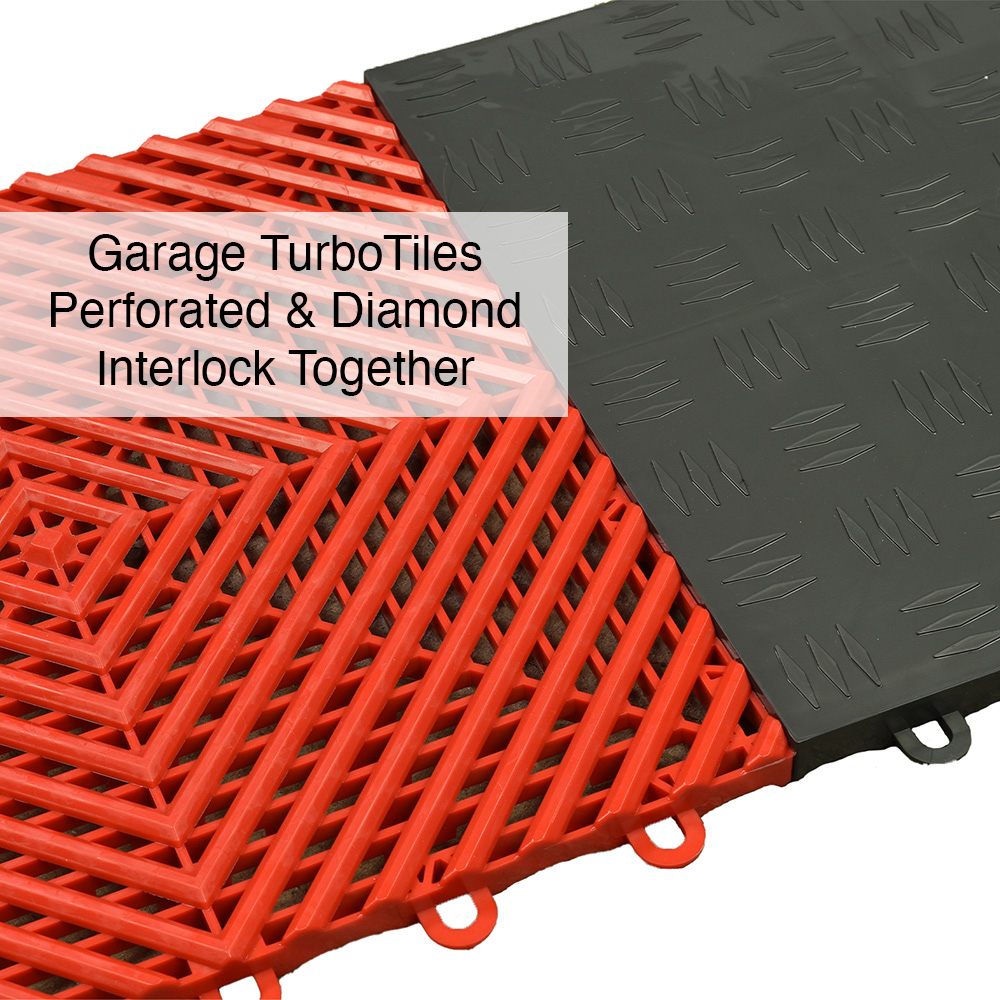 TurboTile Perforated Garage Floor 5/8 Inch x 1x1 Ft. in red and black diamond top tile