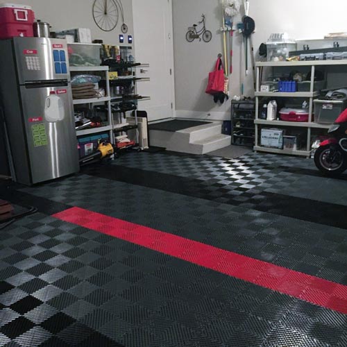 gray black and red garage tile flooring interlock