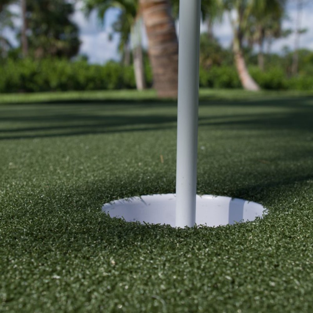 close up of golf cup hole and flag on putting green