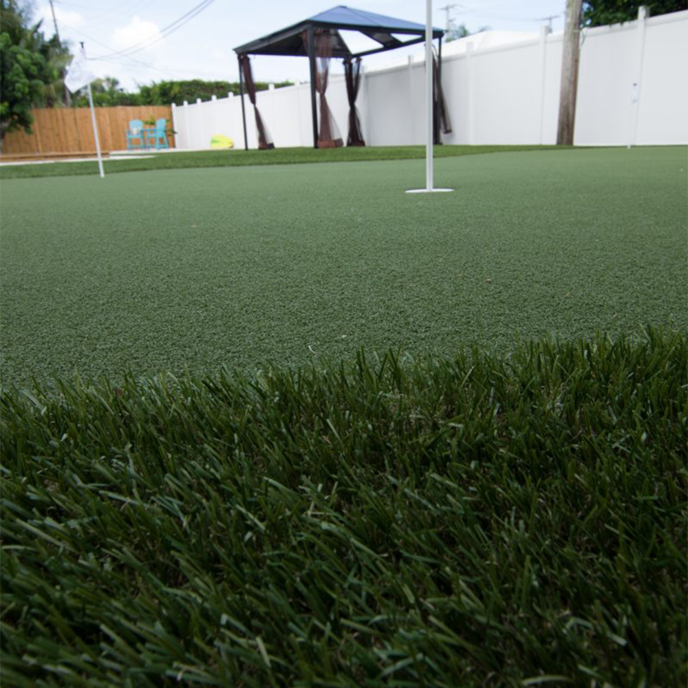 close up of perfect putt artificial grass turf in backyard putting green