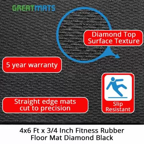 4x6 Ft x 3/4 Inch Fitness Rubber Floor Mat Diamond Black info graphic.