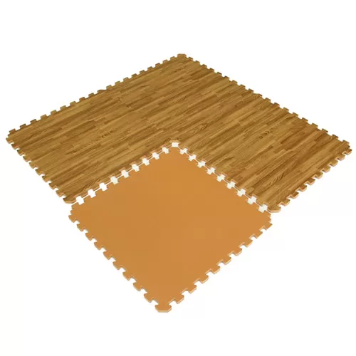 Interlocking Wood Grain Floor Tiles Foam Mat 4 tiles one showing reverse side.