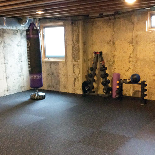 rubber flooring tiles in basement for home gym