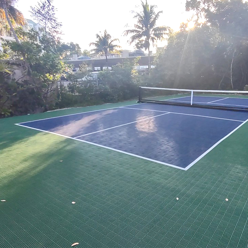 Backyard Pickleball Court Kit with Lines 30x60 Ft. showoing outer edge fastened down