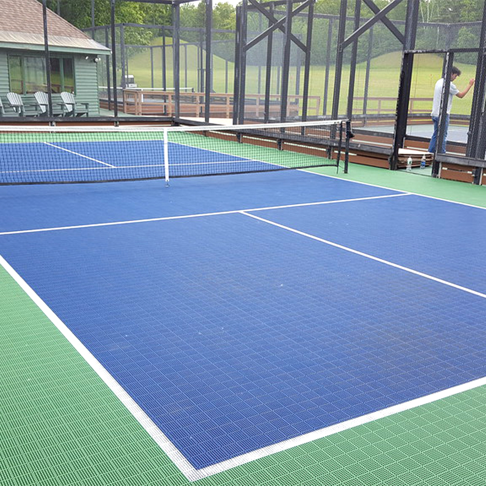 Navy Blue and Sport Green Pickleball Court Kit with Lines 30x60 Ft. with net and fence around court