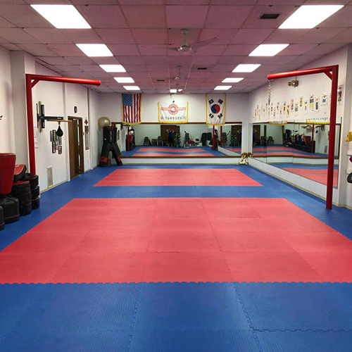 red and blue Interlocking Grappling Mats in Dojang for Korean Martial Arts