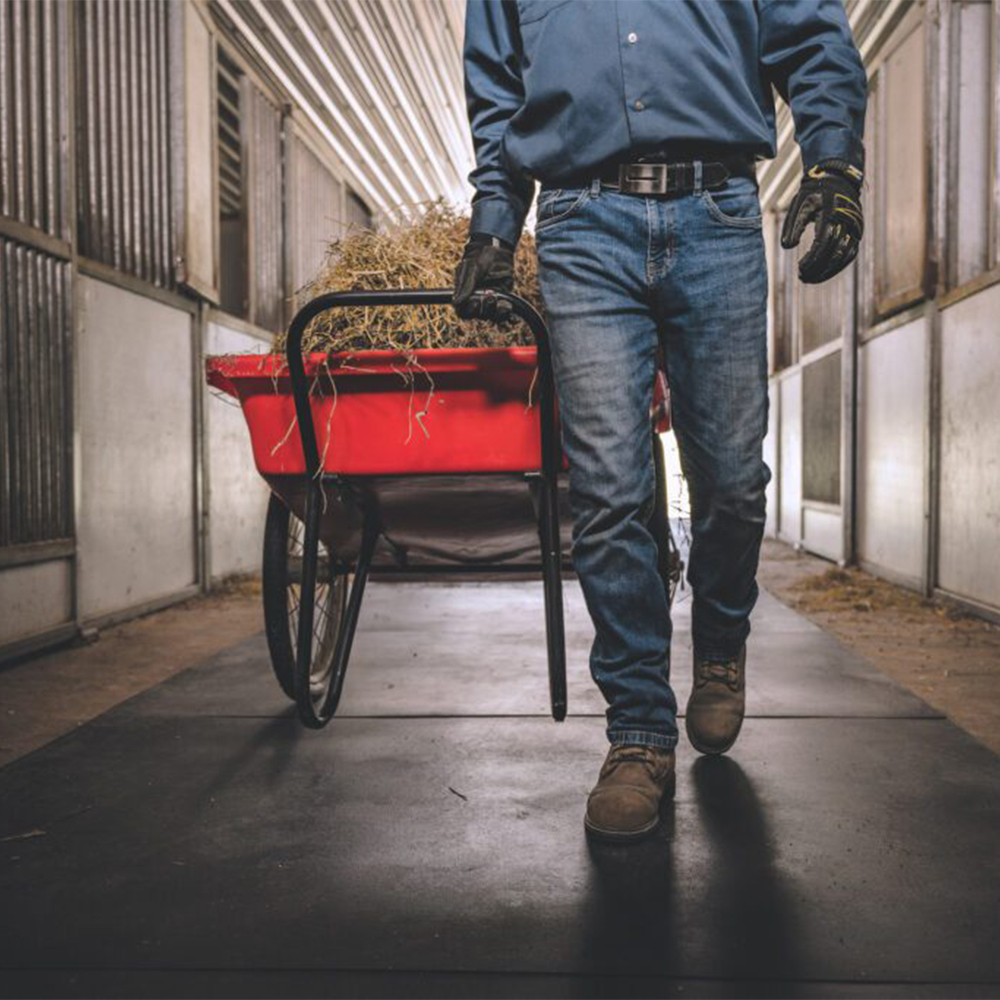 Wheel barrow in barn aisle on Rubber Mat Classic Straight Edge 3/4 Inch x 4x6 Ft