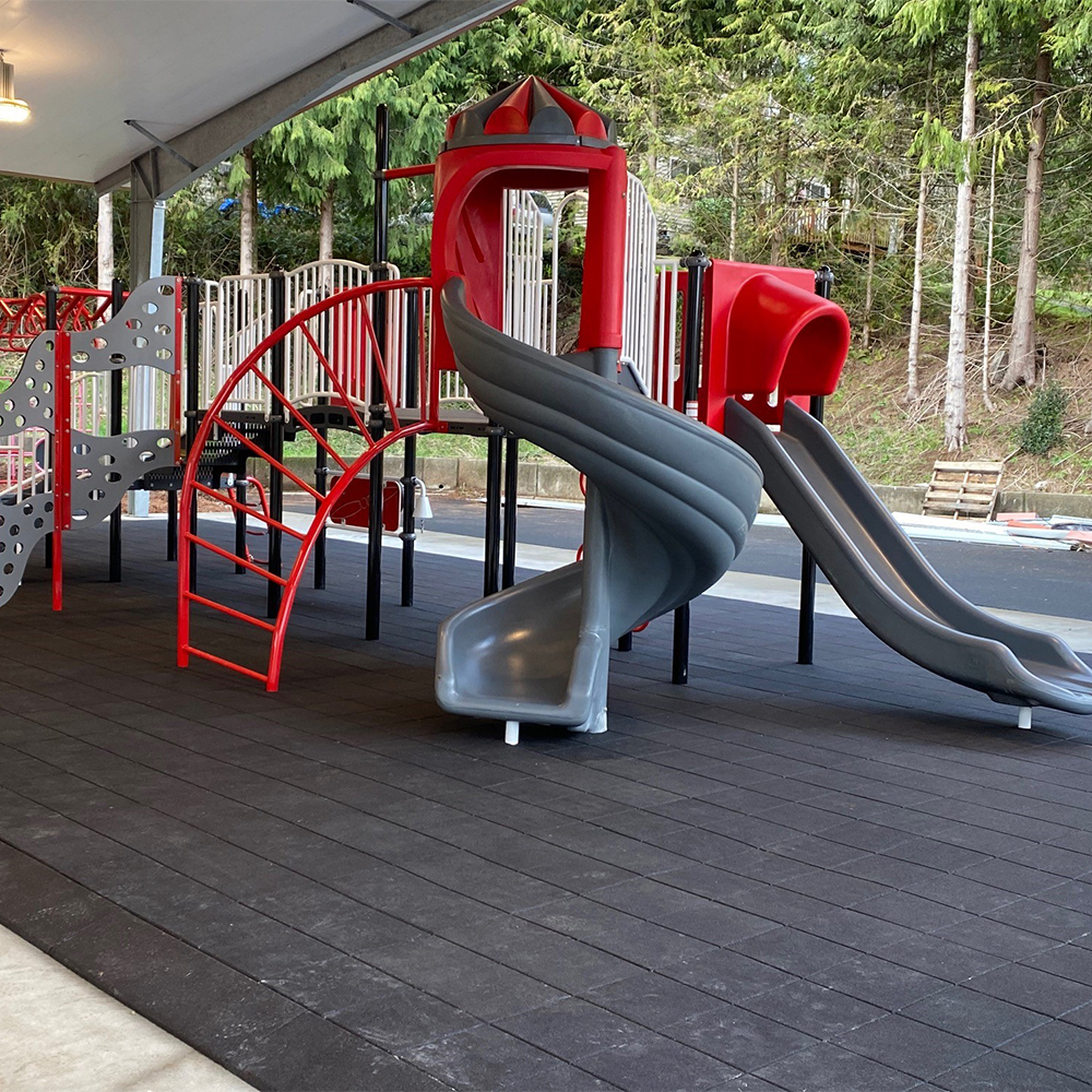 StrongPlay Playground Tiles 1.75 Inch x 2x2 Ft. Slides with black tiles and ramp edges