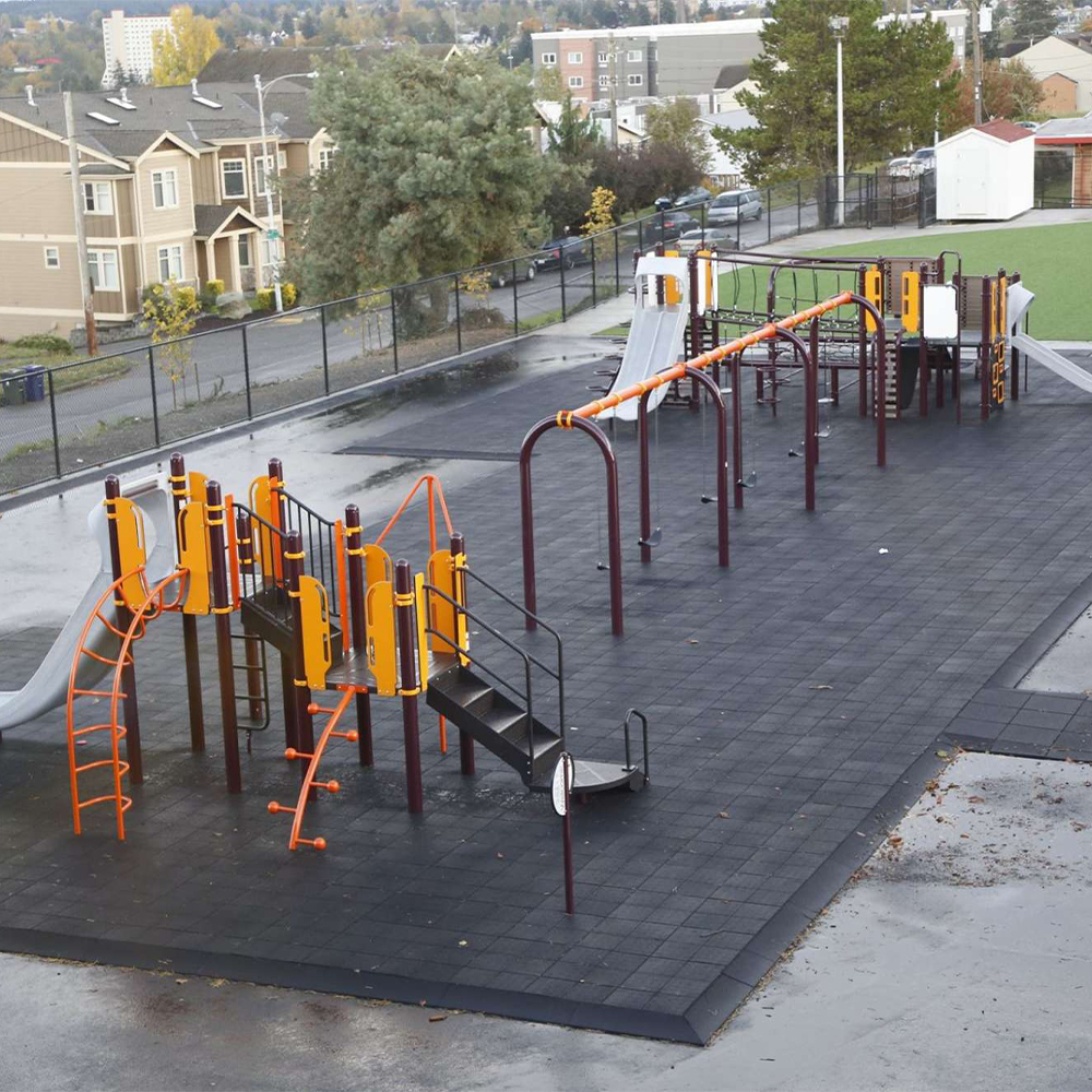 Aerial view with ADA Ramp StrongPlay Playground Tiles 1.75 Inch x 2x2 Ft. in black