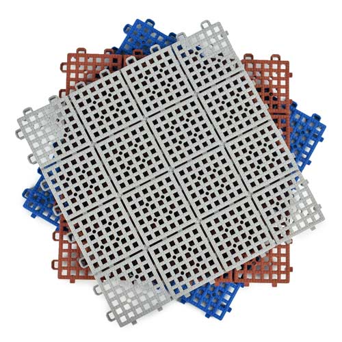 Durable plastic perforated tiles in outdoor garden pavilion