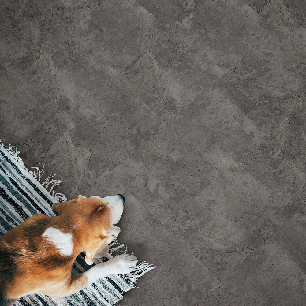 stone look vinyl tiles with dog