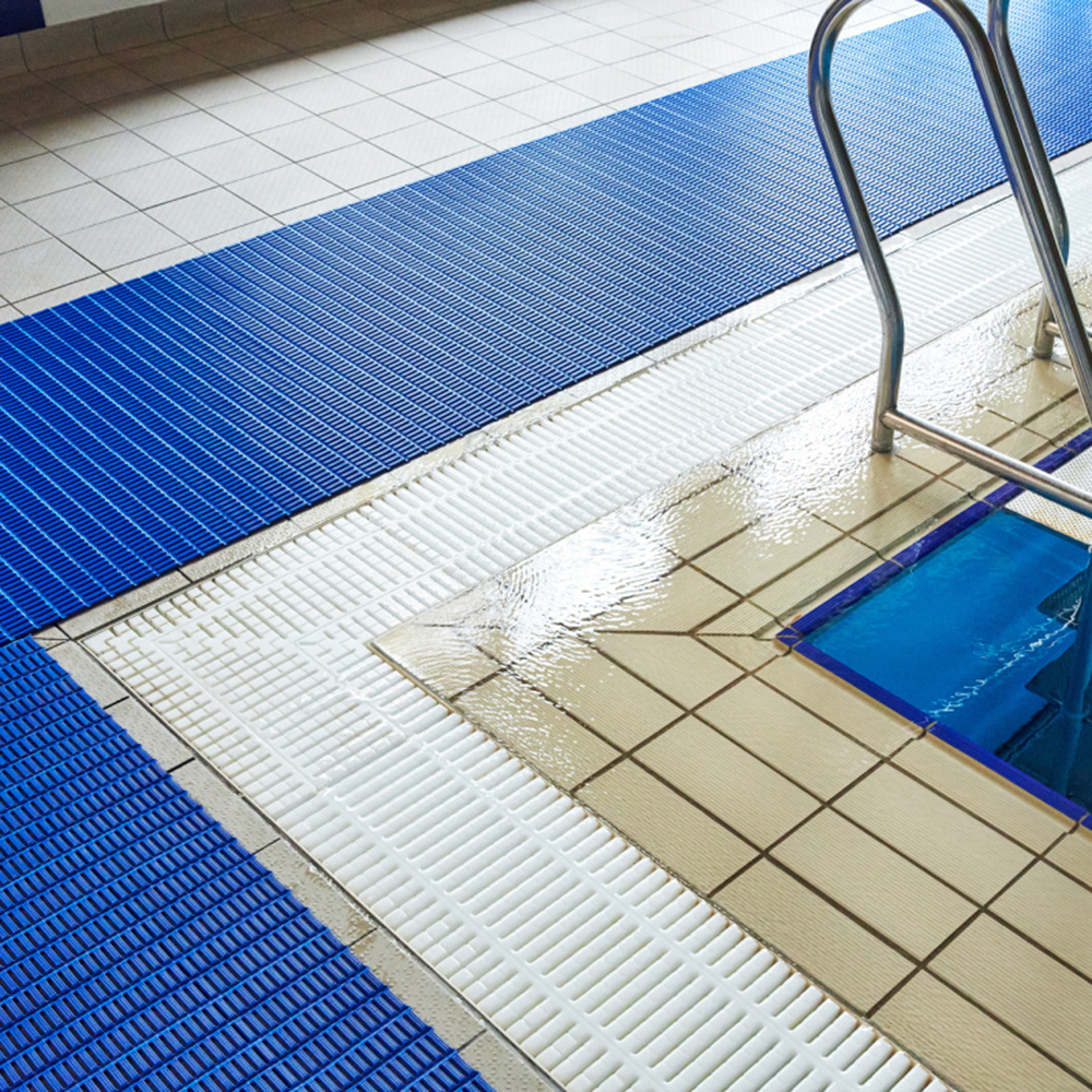 blue floorline wet area matting on pool deck