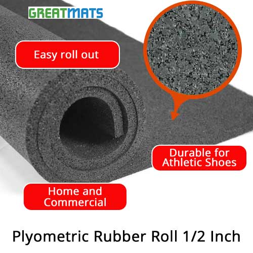 Plyometric Rubber Flooring Roll 1/2 Inch 30 LF infographic.