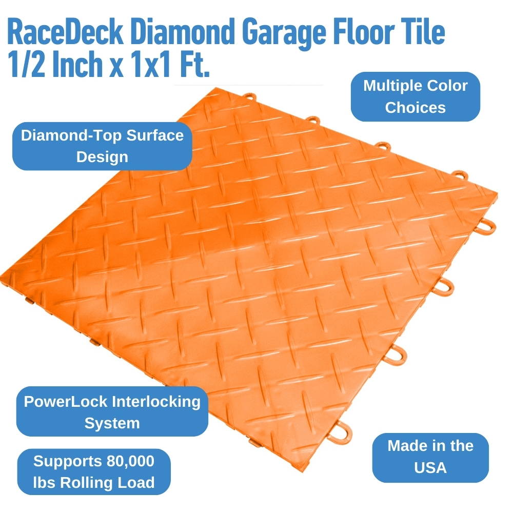 Neon Orange full tile of RaceDeck Diamond Garage Floor Tile 1/2 Inch x 1x1 Ft. infographic
