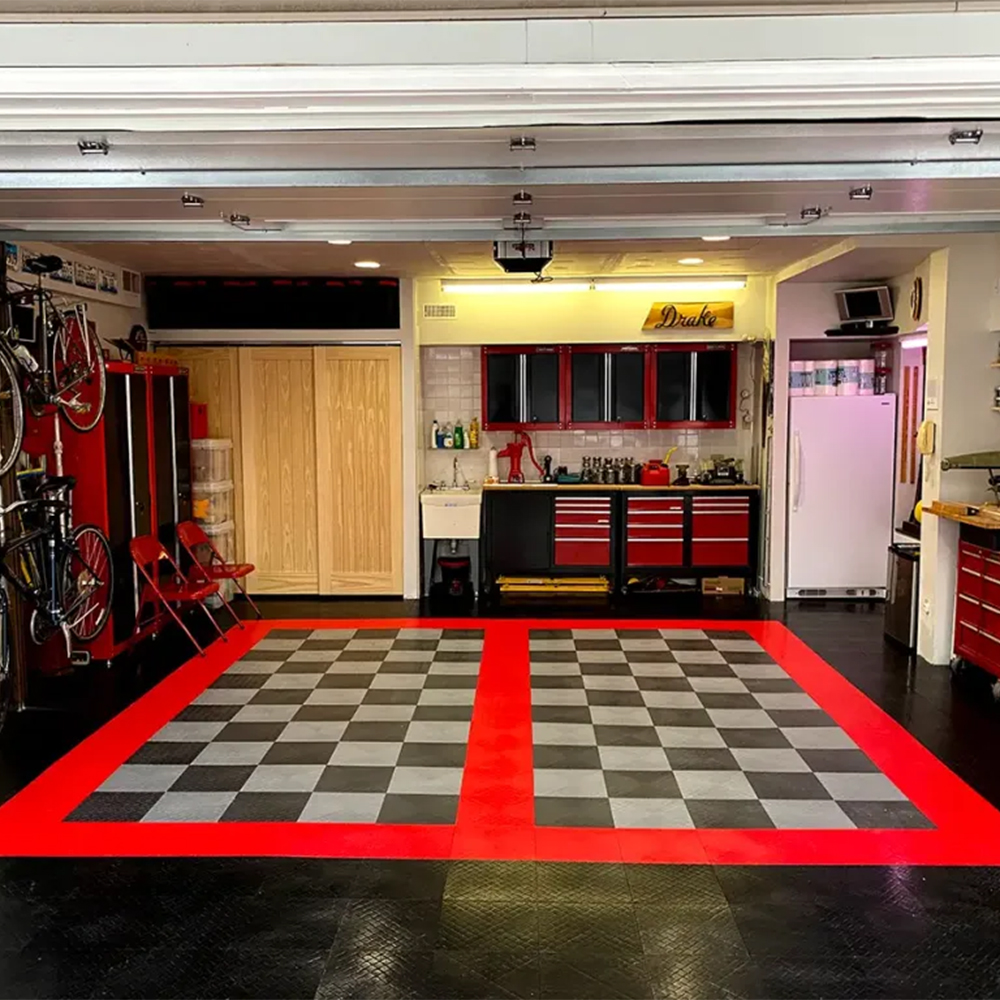 RaceDeck Diamond Garage Floor Tile 1/2 Inch x 1x1 Ft. two stall garage in alloy, black and red