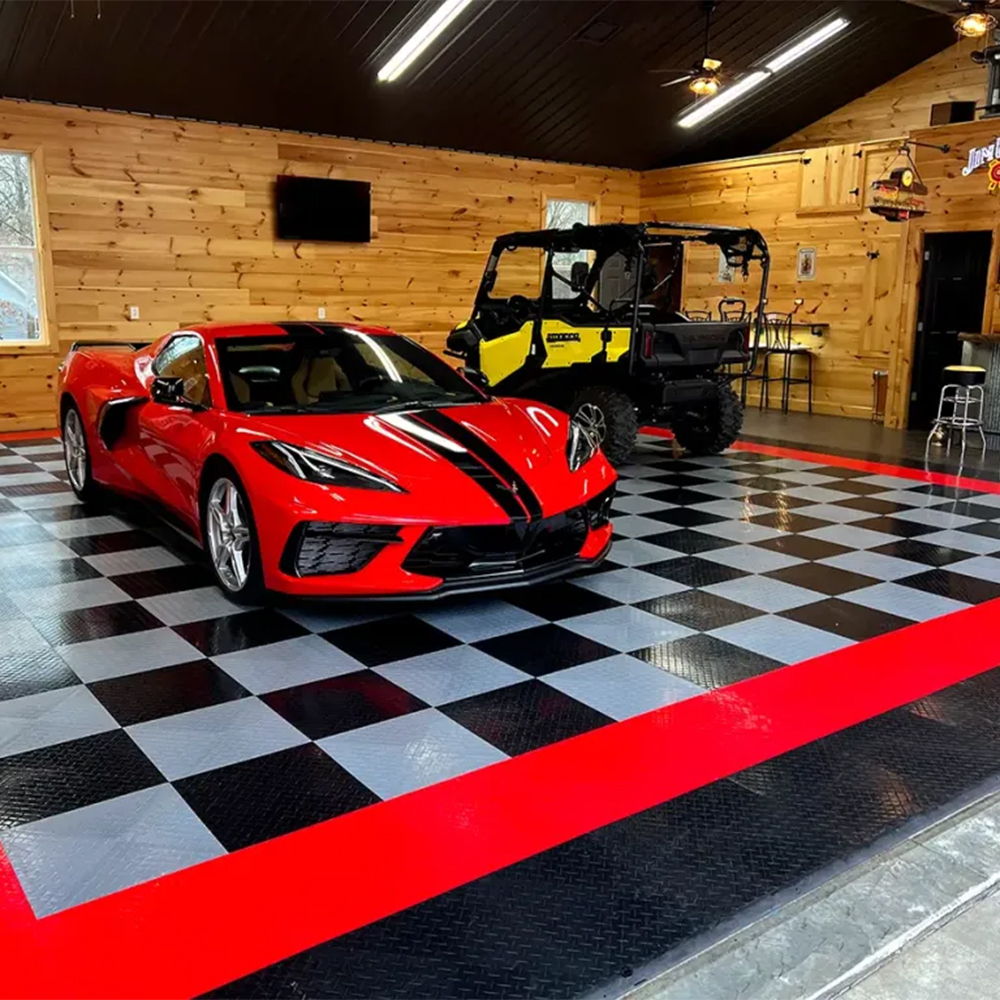 Red Corvette on RaceDeck Diamond Garage Floor Tile 1/2 Inch x 1x1 Ft. in Alloy, Black and Red