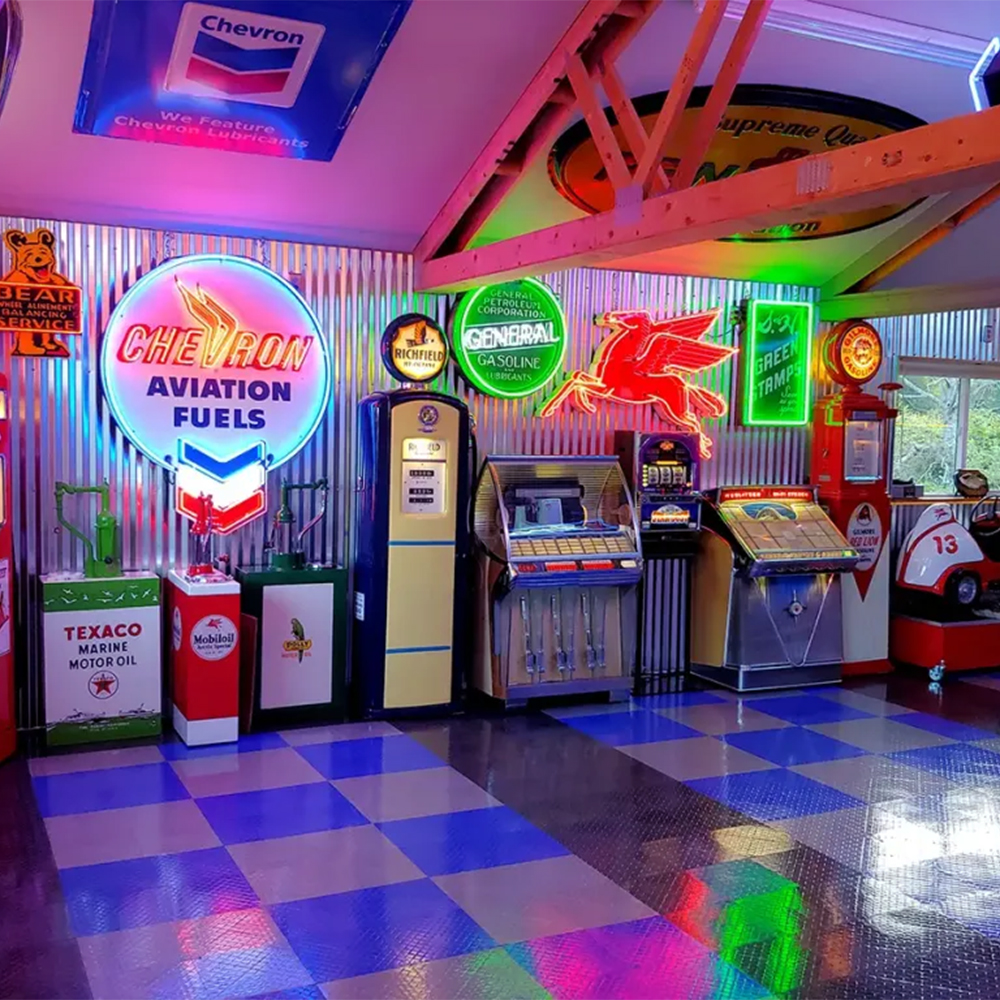 RaceDeck Diamond TuffShield Garage Floor Tile 1/2 Inch x 1x1 Ft. Alloy, black and blue in man cave garage