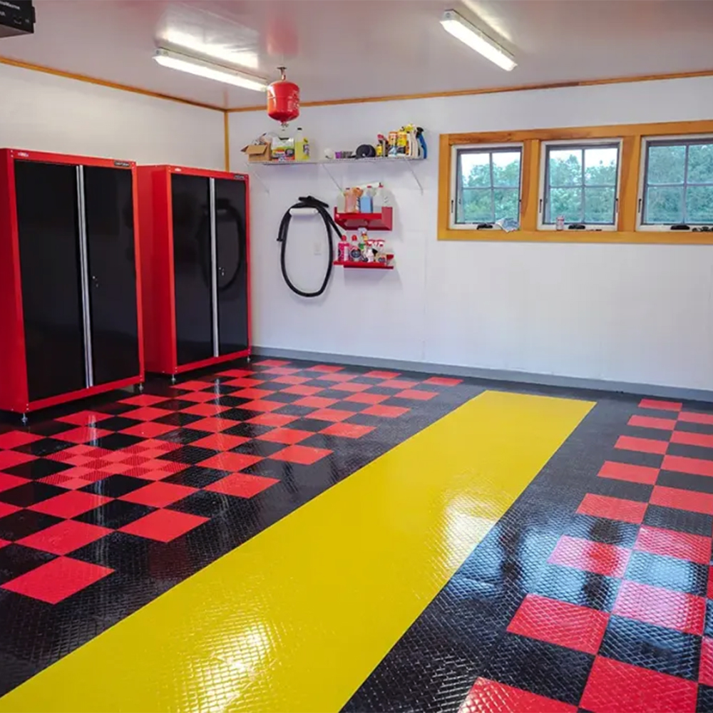 RaceDeck Diamond TuffShield Garage Floor Tile 1/2 Inch x 1x1 Ft. black, red and yellow in two car garage