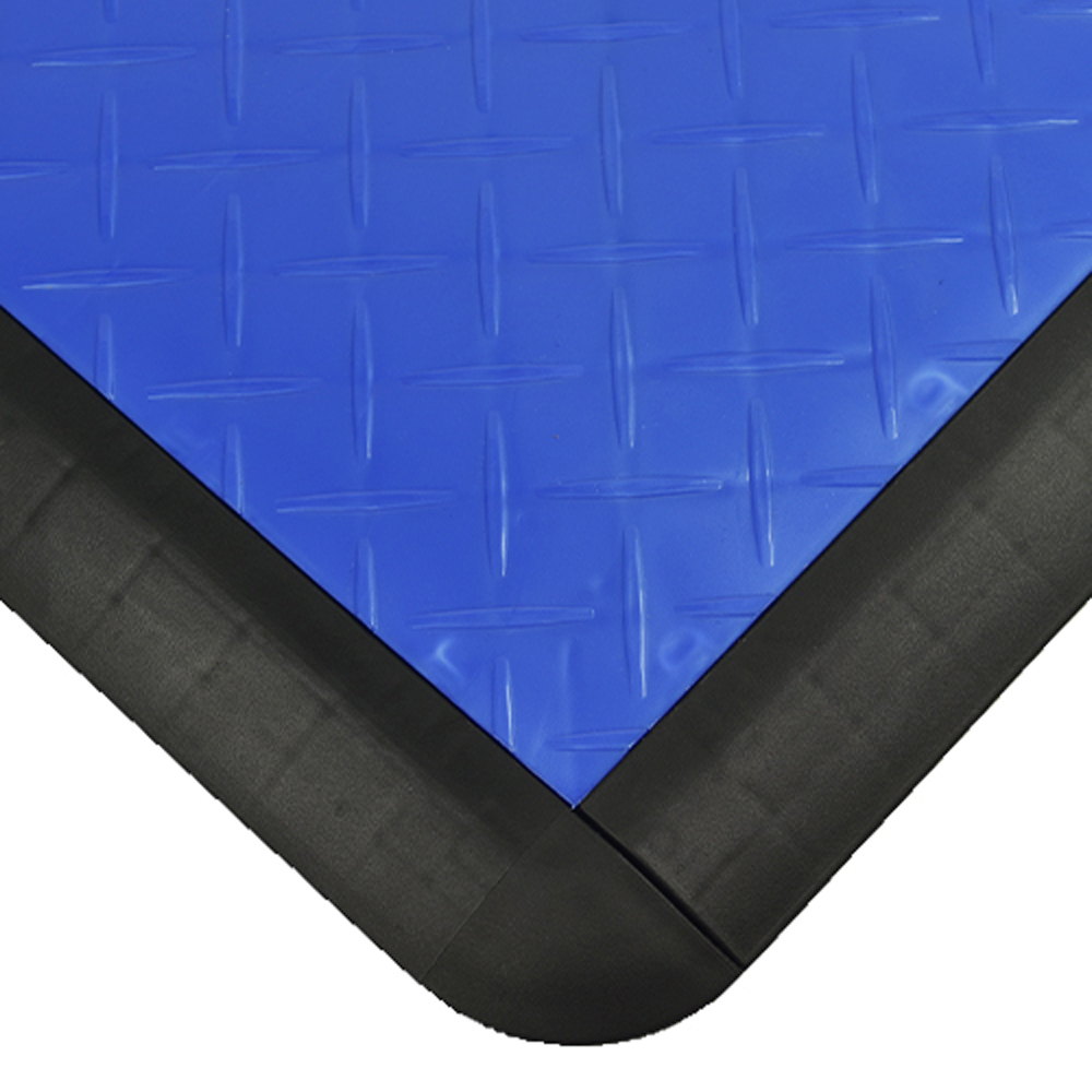 Close up of RaceDeck Garage Tile Border Corner Edges 1/2 Inch x 1.75x12 Inches in black with royal blue Diamond Tuffshield