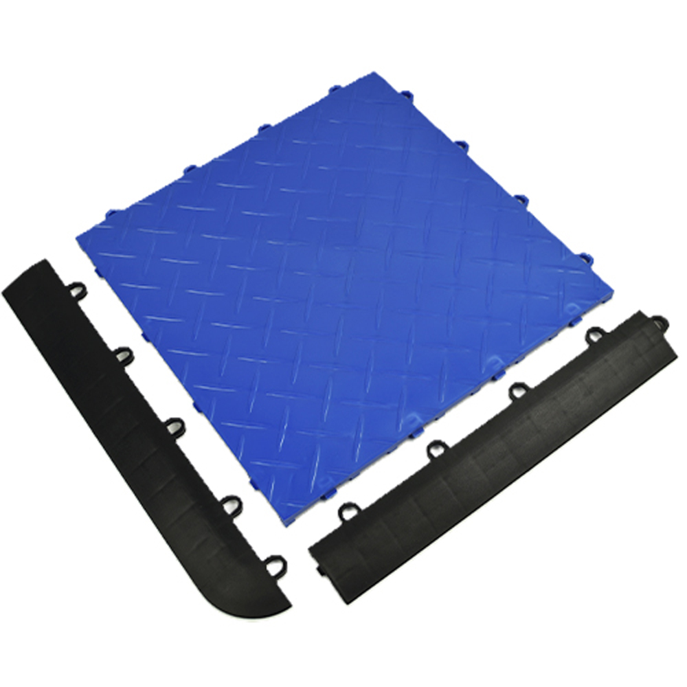 Female borders RaceDeck Garage Tile Border Corner Edges 1/2 Inch x 1.75x12 Inches with diamond tuffshield tile in royal blue