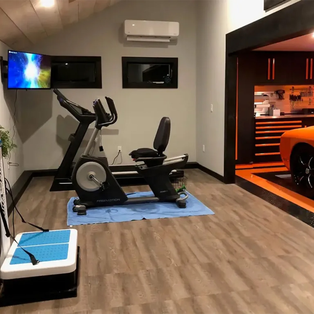 Exercise room with RaceDeck Oak Garage Floor Tiles 1/2 Inch x 18x18 Inches