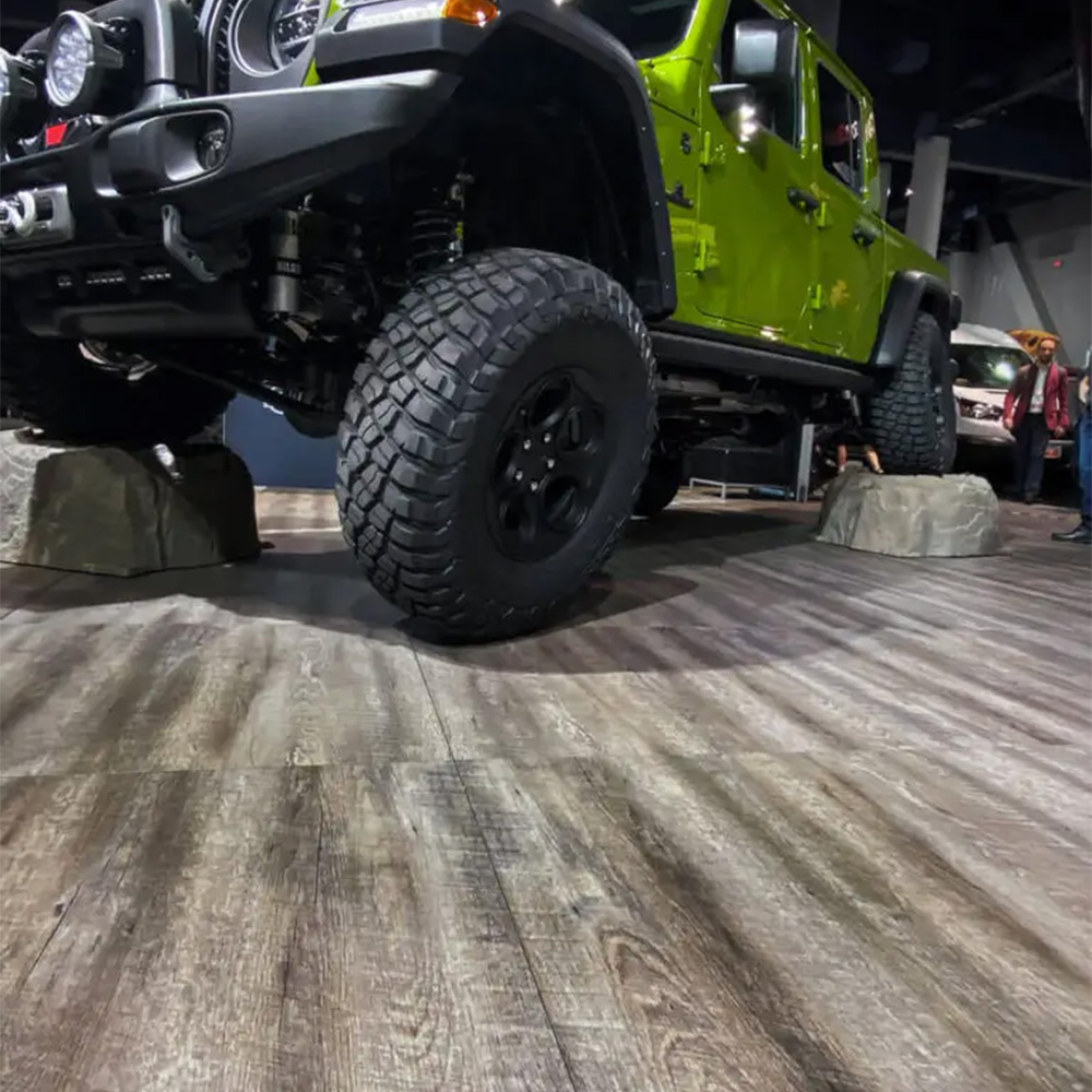 RaceDeck Oak Garage Floor Tiles 1/2 Inch x 18x18 Inches truck parked on smoked oak