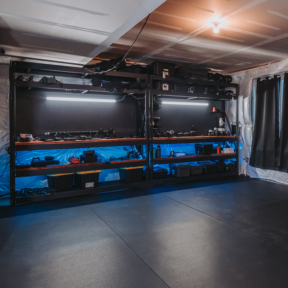 rolled rubber flooring in a studio with a workbench