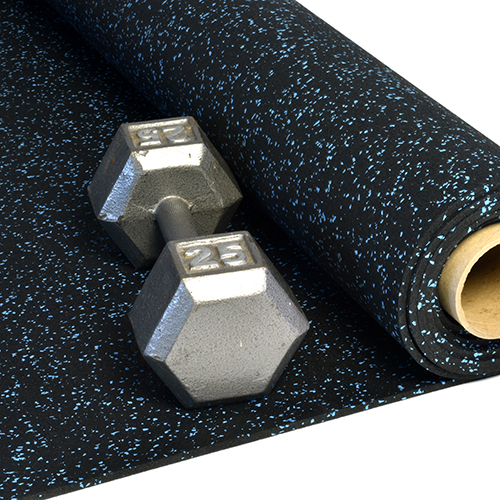 Rolled Rubber Sport 1/4 Inch 10% Blue per SF with 25 lb dumbbell