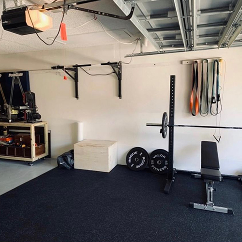 rubber mats in garage used with exercise gym equipment