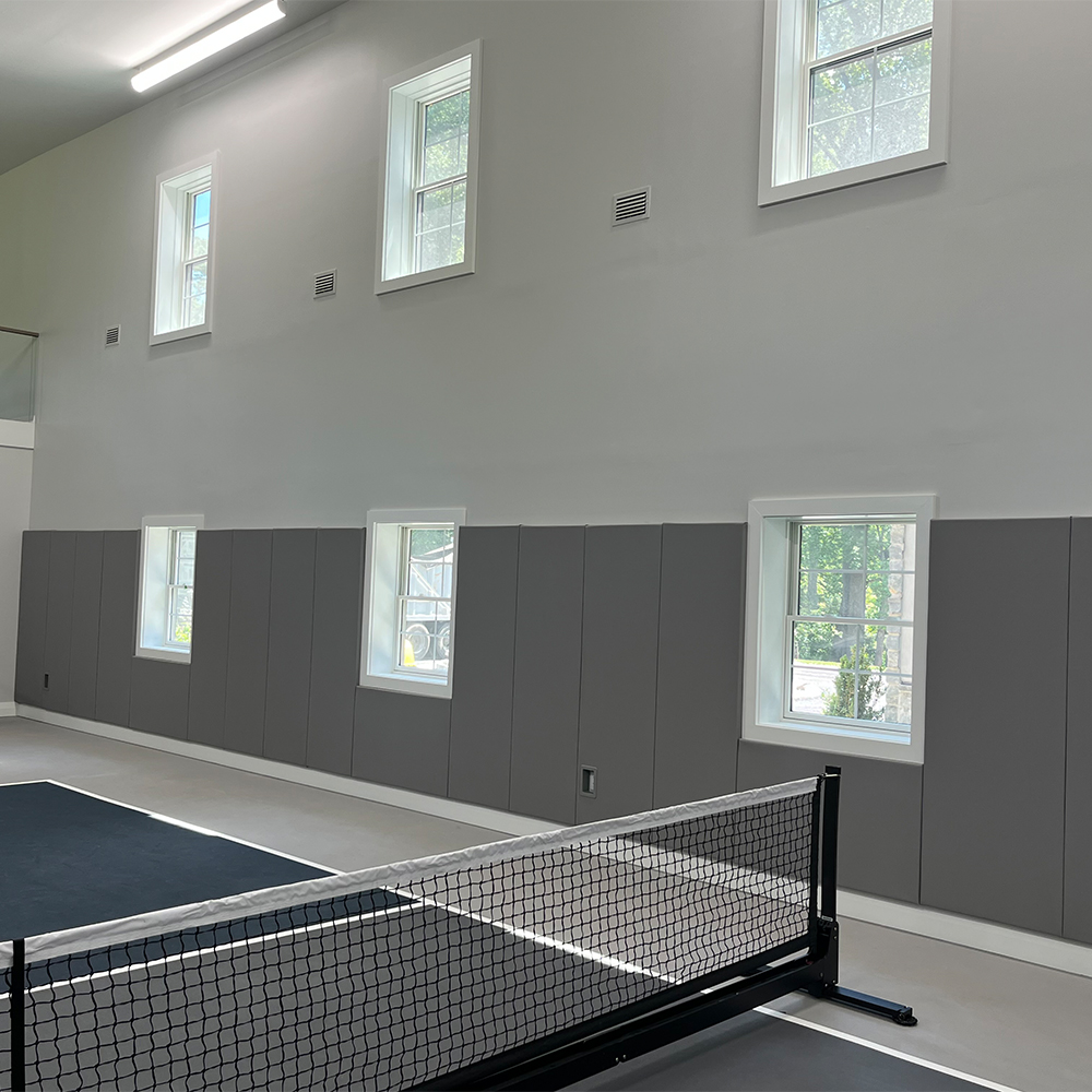 Safety CourtQuiet Impact Wall Pad 2 Inch x 4x6 Ft. Lip TB Gray Stone home court install with net