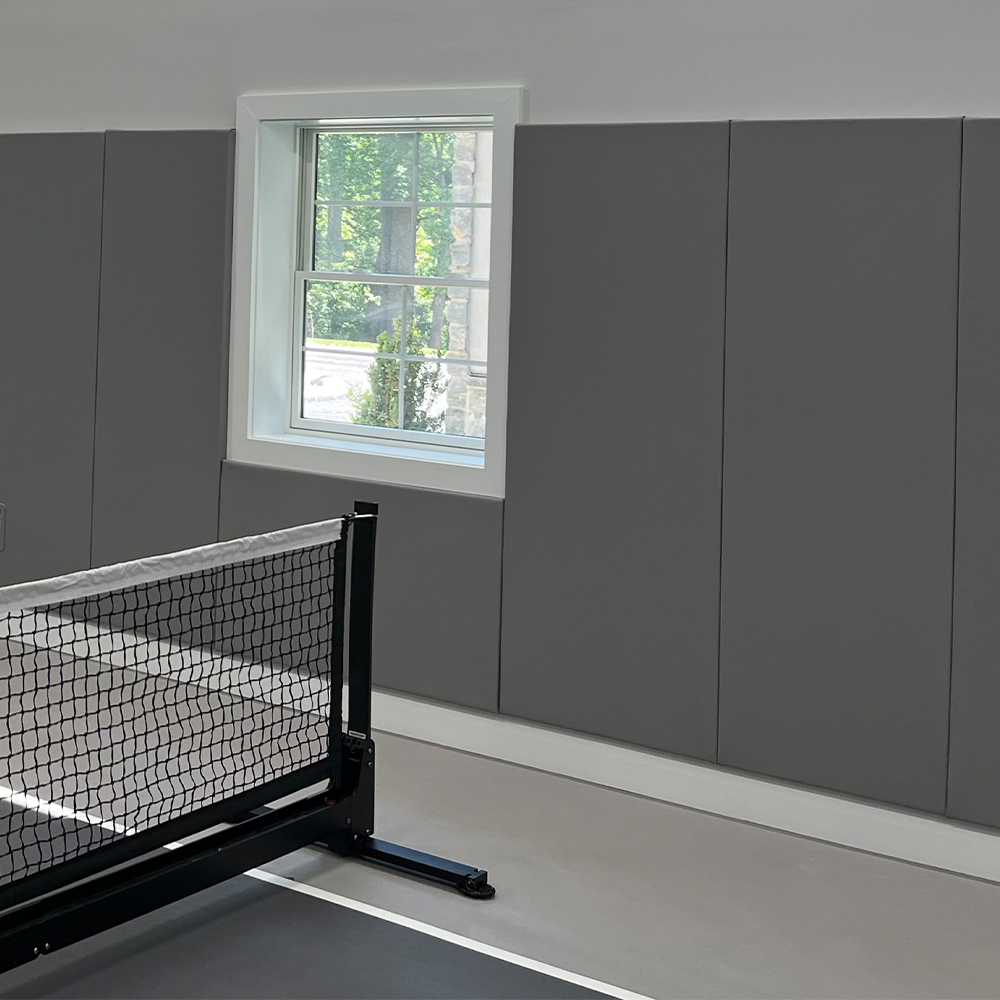 Safety CourtQuiet Impact Wall Pad 2 Inch x 3x7 Ft. Lip TB Gray Stone in home court with net