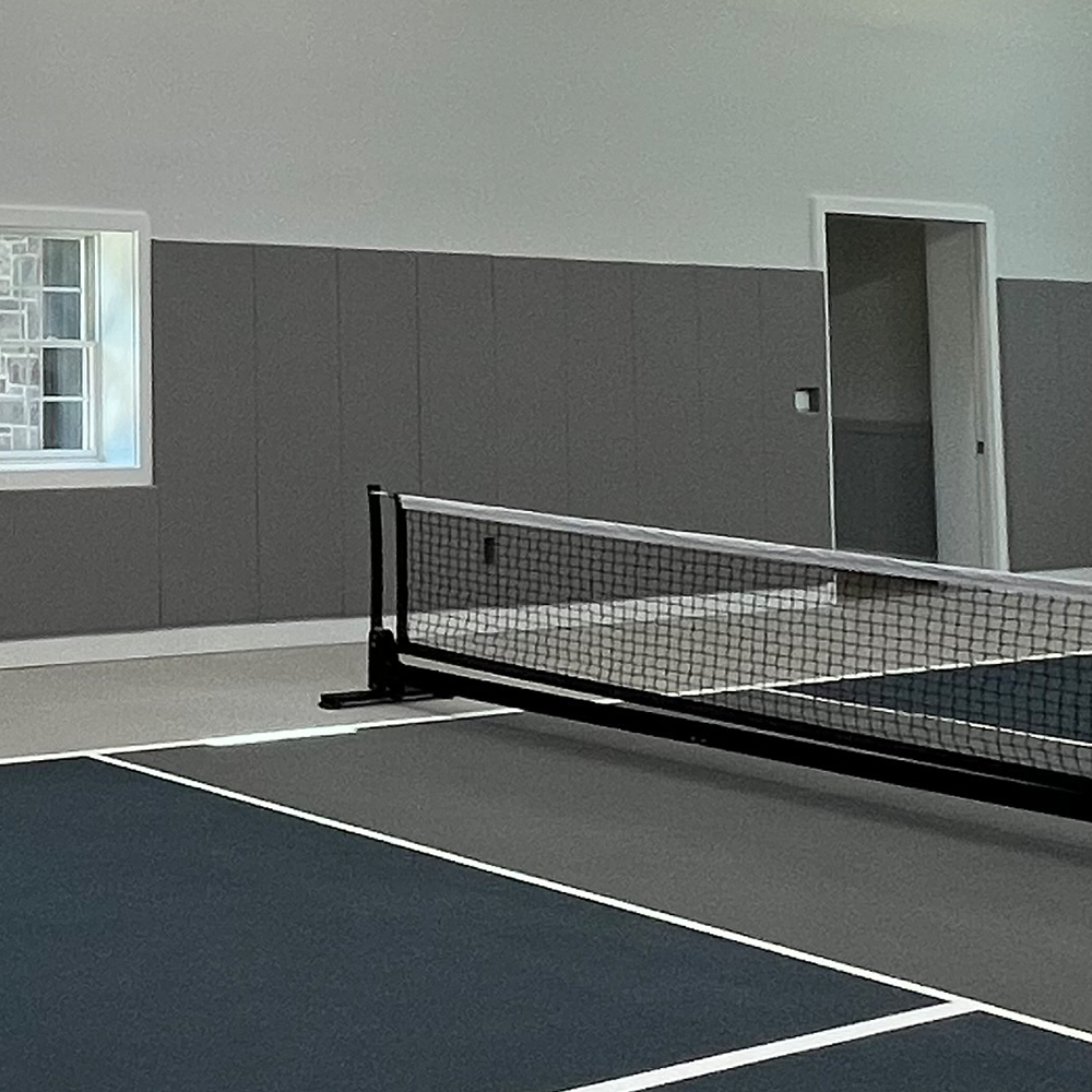 Safety CourtQuiet Impact Wall Pad 2 Inch x 4x7 Ft. Lip TB Gray Stone home gym with court and net
