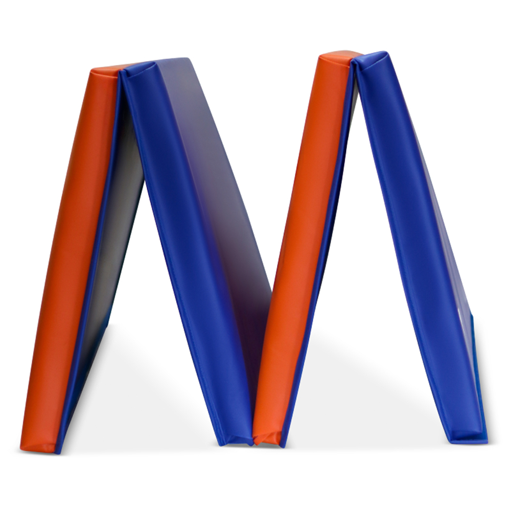 Safety Folding Gym Mat PE Foam 2 Inch x 4x6 Ft. V4 standing on edge in navy blue and orange