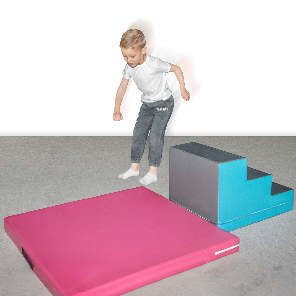 Safety Landing Mat Non-Folding 8 Inch x 4x8 Ft. boy jumping onto pink mat