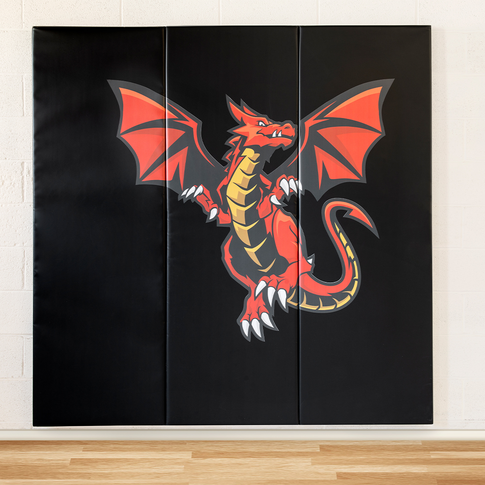 Safety Wall Pad 2x4 Ft x 2 Inch WB Z Clip ASTM Black Wall Pads with Red Dragon Logo