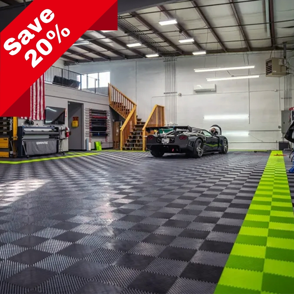 Detailing shopt with RaceDeck Free-Flow Garage Floor Tile 1/2 Inch x 1x1 Ft. in black and sublime