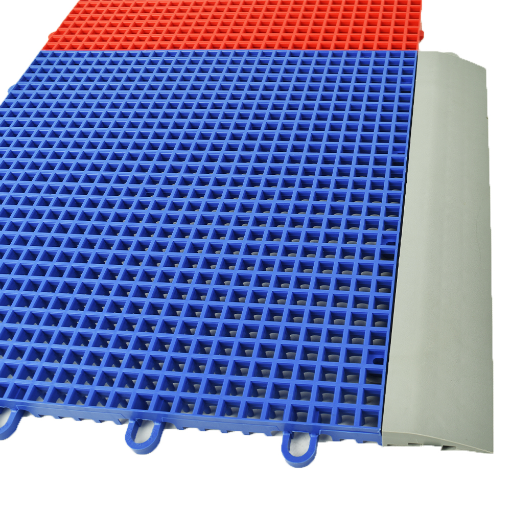 DunkStar BaseCourt Outdoor Corner Edge Borders Gray 5/8 In x 2 Inches Wide attached to bright blue tile