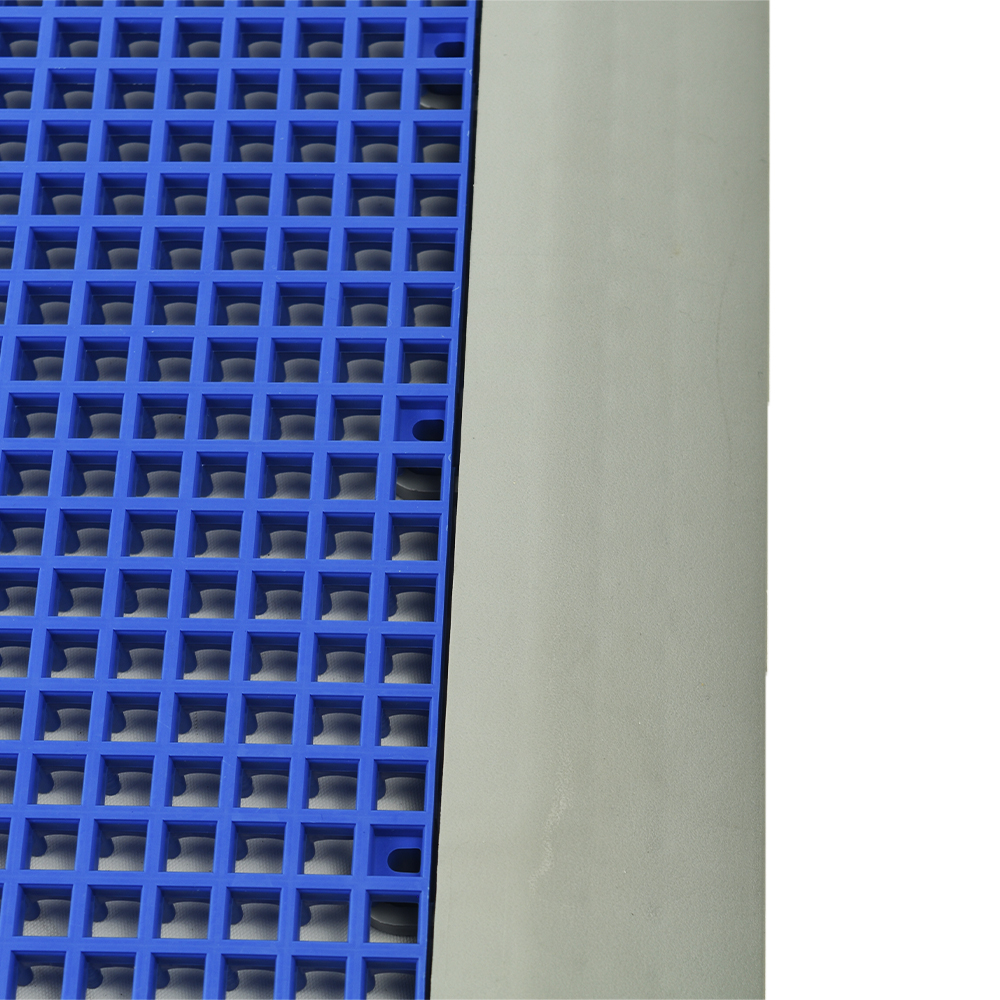 Blue tile interlocked to DunkStar BaseCourt Outdoor Corner Edge Borders Gray 5/8 In x 2 Inches Wide