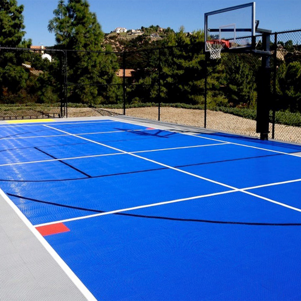 DunkStar BaseCourt Outdoor Tile with Lines 30x60 Ft. bright blue and gray backyard court