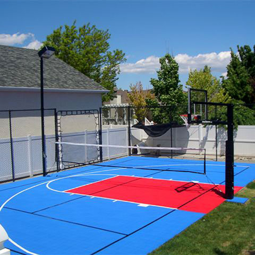 DunkStar BaseCourt Outdoor Tile with Lines 30x60 Ft. bright red and blue backyard multi-court