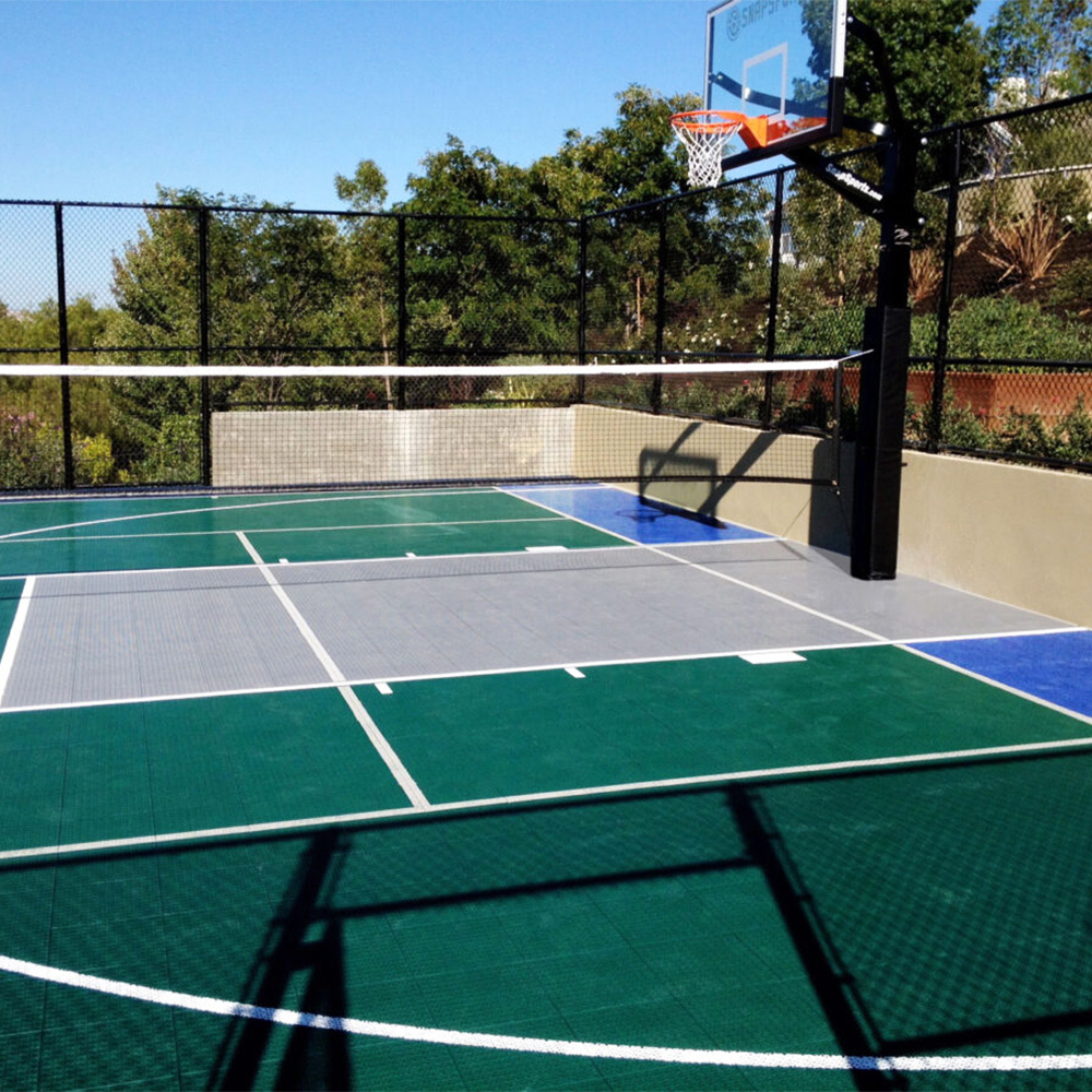 DunkStar BaseCourt Outdoor Tile with Lines 30x60 Ft. multicourt evergreen, gray and bright blue