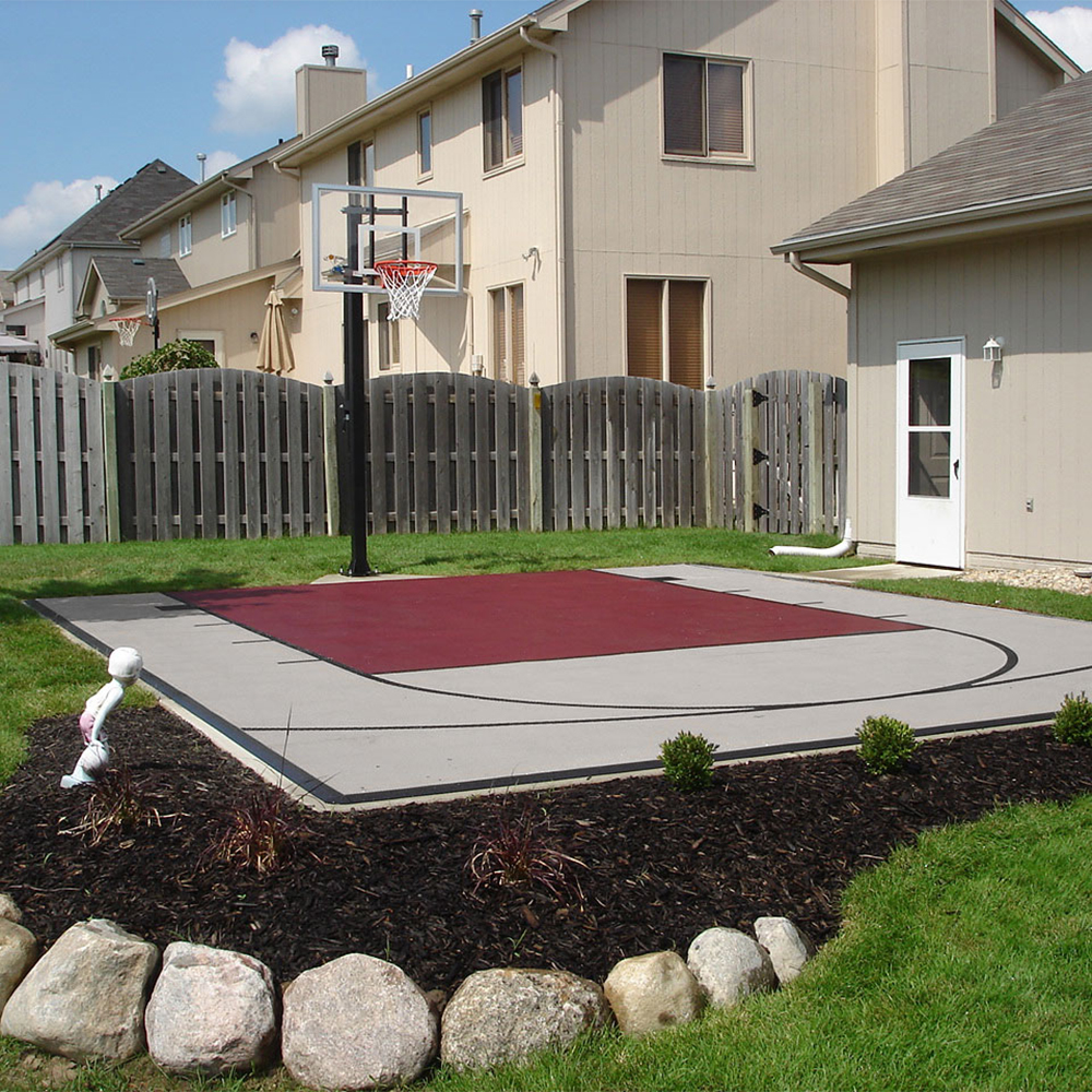 Burgundy and gray free throw court of DunkStar BaseCourt Outdoor Tile with Lines 30x60 Ft.
