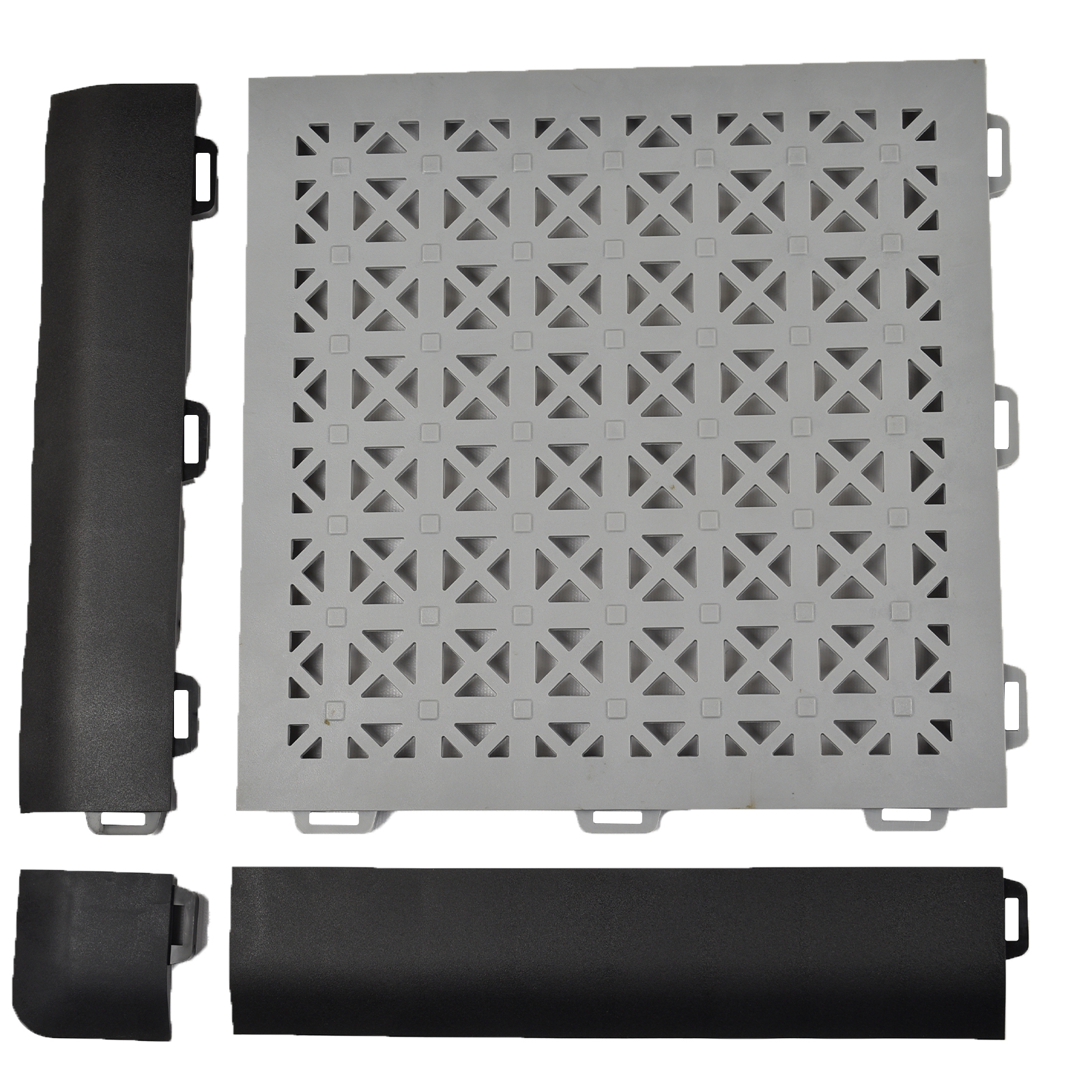 gray staylock perforated tile with corner and border ramps disassembled