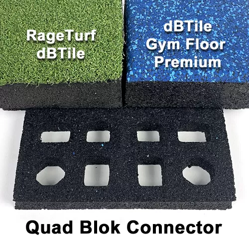 Quantum Gym Floor Tile Connected to RageTurf dBTile with Quad Blok
