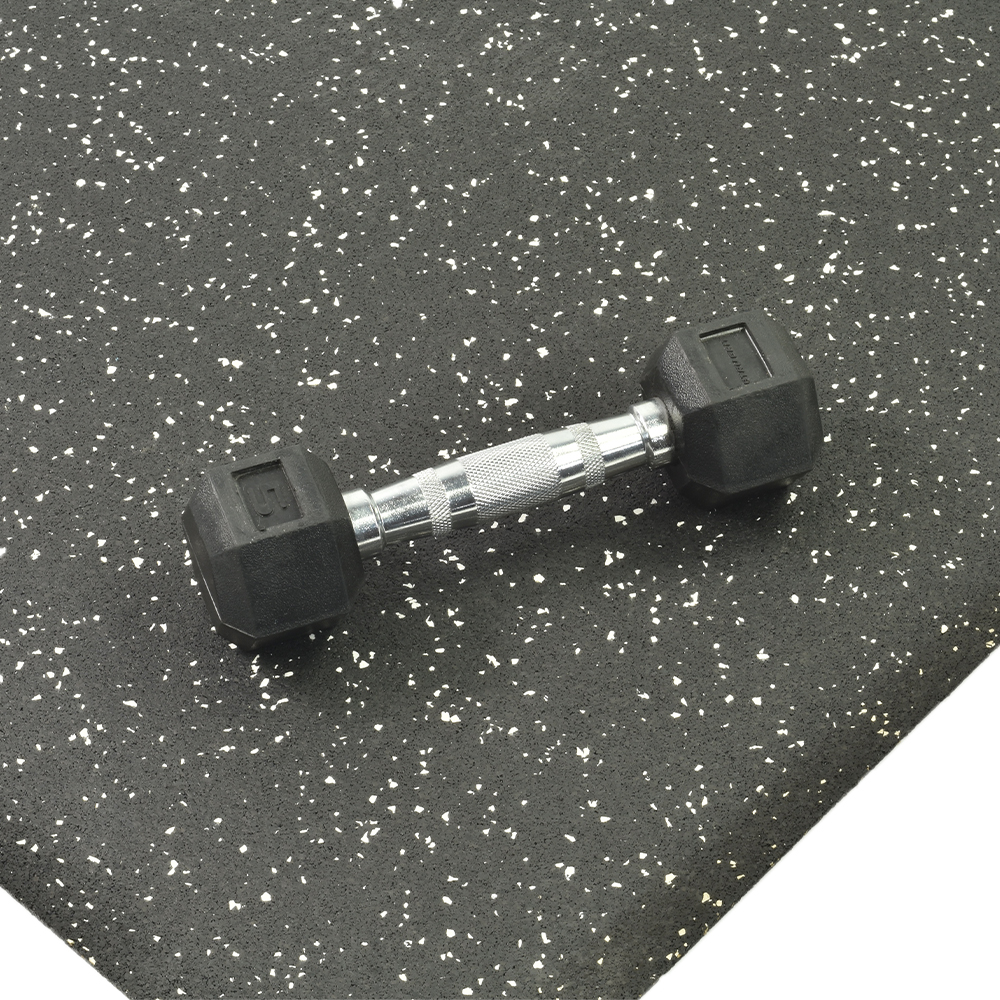 straight edge rubber tile with eggshell white color flecks with dumbbell