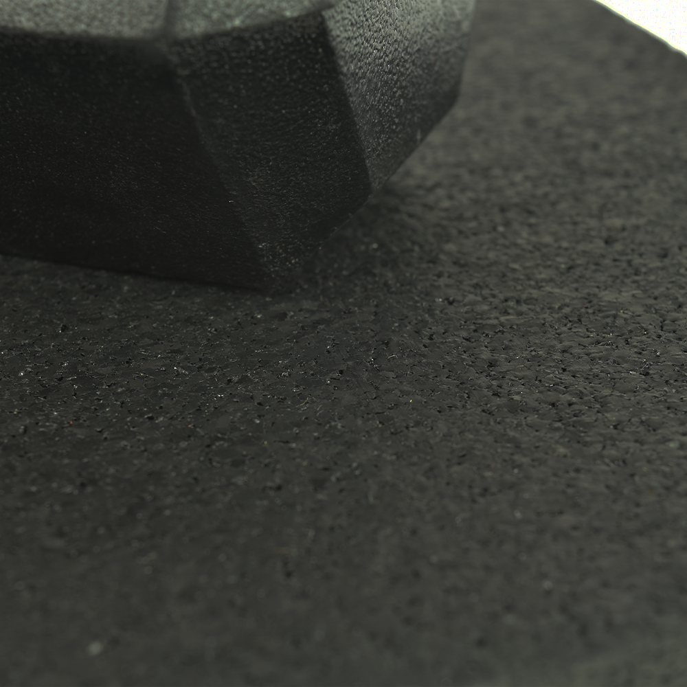 Straight Edge Rubber Floor Tiles Black 3/8 Inch x 2x2 Ft. Pacific close up with dumbbell